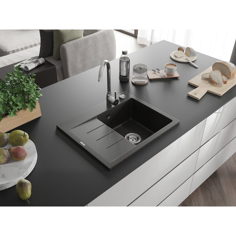 Mexen Ben Granitspüle 1-Becken mit Abtropffläche, rechts 600 x 500 mm, schwarz/gold metallic, Siphon chrom - 6523605000-75