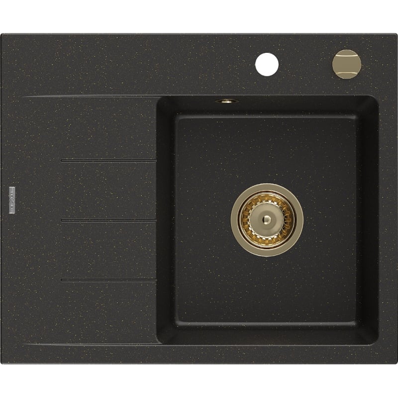 Mexen Ben Granitspüle 1-Becken mit Abtropffläche, rechts 600 x 500 mm, schwarz/gold metallic, goldener Siphon