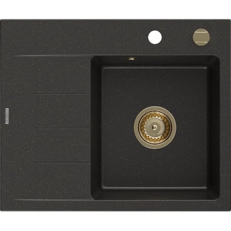 Mexen Ben Granitspüle 1-Becken mit Abtropffläche, rechts 600 x 500 mm, schwarz/gold metallic, goldener Siphon
