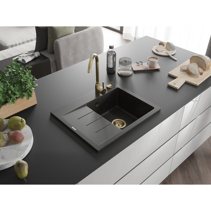 Mexen Ben Granitspüle 1-Becken mit Abtropffläche, rechts 600 x 500 mm, schwarz/gold metallic, goldener Siphon