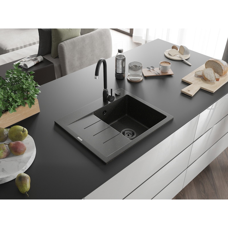 Mexen Ben Granit-Spülbecken, 1-beckig mit Abtropffläche, rechts 600 x 500 mm, schwarz/goldner Metallic Siphon schwarz