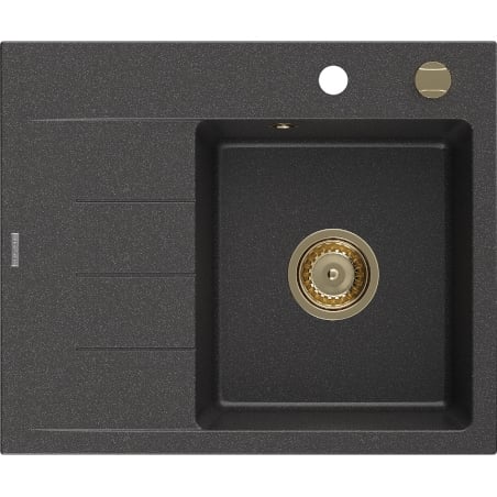 Mexen Ben Granitspüle 1-Becken mit Abtropffläche, rechts 600 x 500 mm, schwarz gesprenkelt, goldener Siphon - 6523605000-76-G