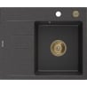 Mexen Ben Granitspüle 1-Becken mit Abtropffläche, rechts 600 x 500 mm, schwarz gesprenkelt, goldener Siphon - 6523605000-76-G