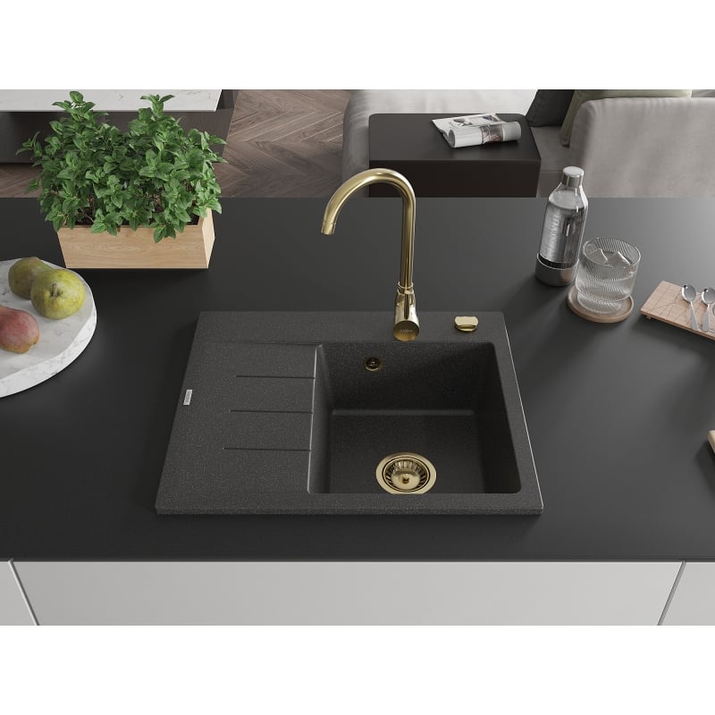 Mexen Ben Granitspüle 1-Becken mit Abtropffläche, rechts 600 x 500 mm, schwarz gesprenkelt, goldener Siphon - 6523605000-76-G