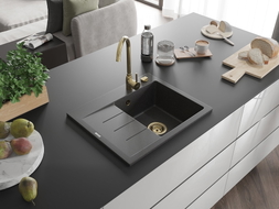 Mexen Ben Granitspüle 1-Becken mit Abtropffläche, rechts 600 x 500 mm, schwarz gesprenkelt, goldener Siphon - 6523605000-76-G