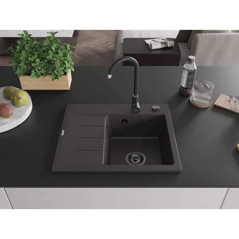 Mexen Ben Granitspüle ein Becken mit Abtropffläche, rechts 600 x 500 mm, schwarz gesprenkelt, schwarzer Siphon