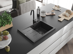 Mexen Ben Granitspüle ein Becken mit Abtropffläche, rechts 600 x 500 mm, schwarz gesprenkelt, schwarzer Siphon