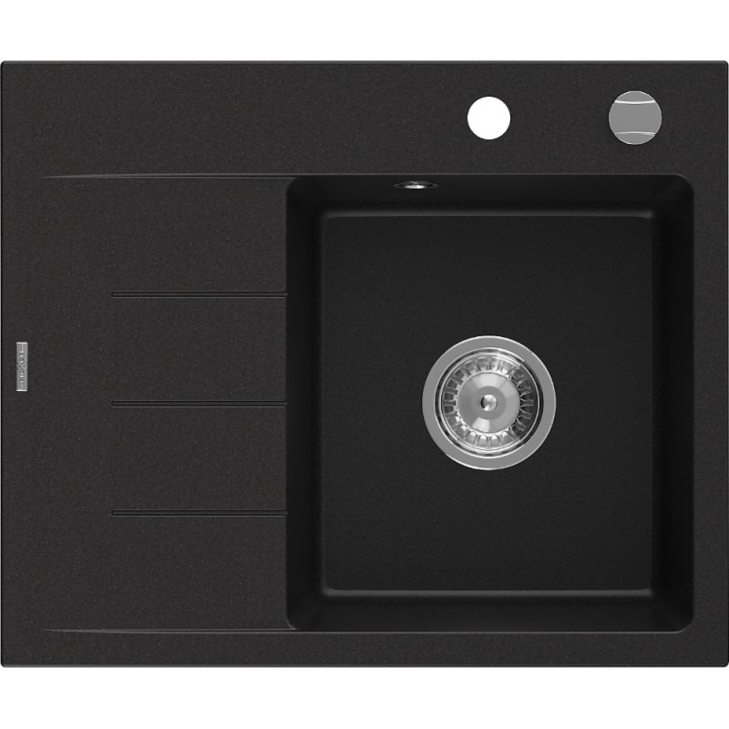 Mexen Ben Granitspüle, 1-beckig mit Abtropffläche, rechts, 600 x 500 mm, schwarz, Syphon chrom - 6523605000-77