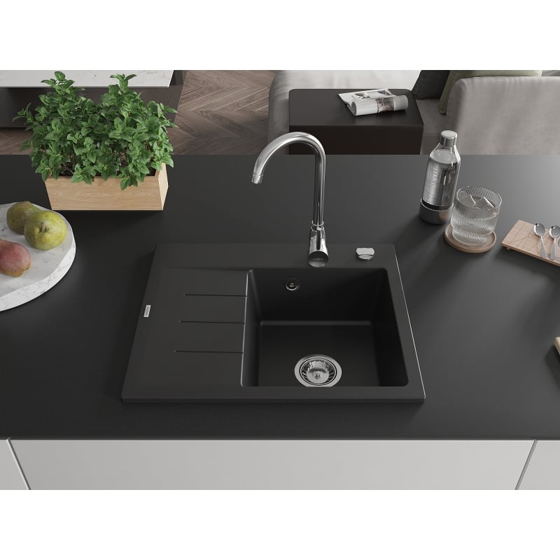 Mexen Ben Granitspüle, 1-beckig mit Abtropffläche, rechts, 600 x 500 mm, schwarz, Syphon chrom - 6523605000-77