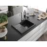 Mexen Ben Granitspüle, 1-beckig mit Abtropffläche, rechts, 600 x 500 mm, schwarz, Syphon chrom - 6523605000-77