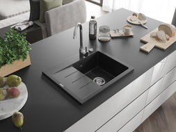 Mexen Ben Granitspüle, 1-beckig mit Abtropffläche, rechts, 600 x 500 mm, schwarz, Syphon chrom - 6523605000-77