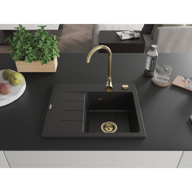 Mexen Ben Granitspüle 1-Becken mit Abtropffläche, rechts 600 x 500 mm, schwarz, Goldsiphon - 6523605000-77-G