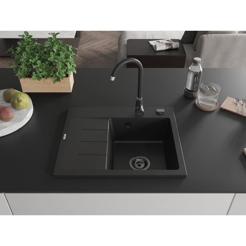Mexen Ben Granitspüle 1-Becken mit Abtropffläche, rechts 600 x 500 mm, schwarz, schwarzer Siphon - 6523605000-77-B