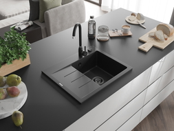 Mexen Ben Granitspüle 1-Becken mit Abtropffläche, rechts 600 x 500 mm, schwarz, schwarzer Siphon - 6523605000-77-B