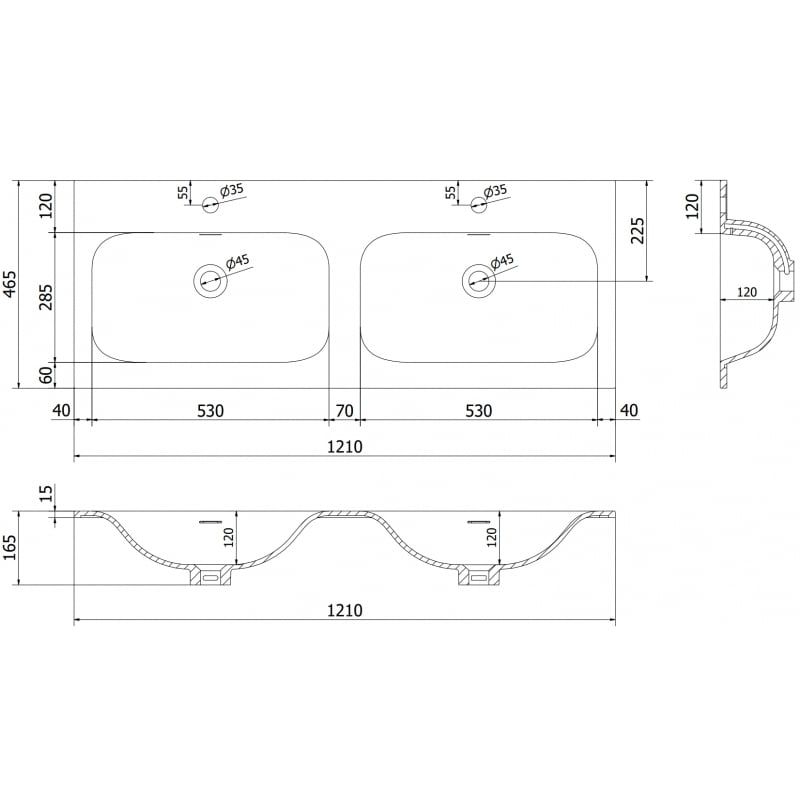 Mexen Vela Doppelwaschtisch zum Einbau in die Arbeitsplatte 121 x 46,5 cm, glänzend weiß - 25231200D