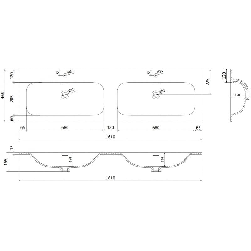 Mexen Vela Doppelwaschbecken zum Einlassen in die Platte 161 x 46,5 cm, weiß matt - 25231601D