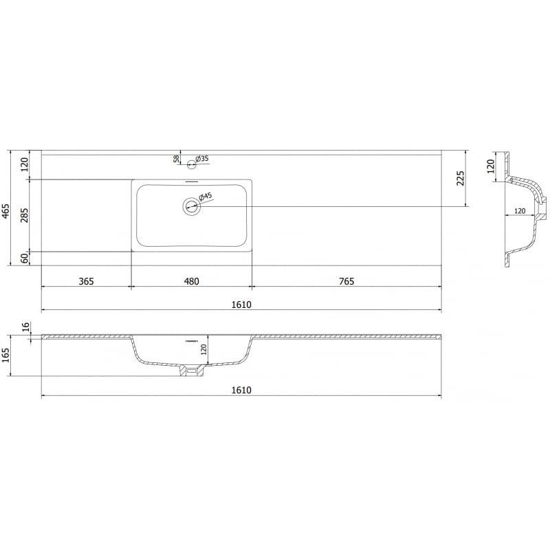 Mexen Otis Einbauwaschbecken links 161 x 46,5 cm, weiß glänzend - 25181600L