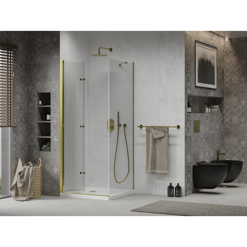 Mexen Lima faltbare Duschkabine 90 x 90 cm, transparent, gold + Flat Duschwanne - 856-090-090-50-00-4010
