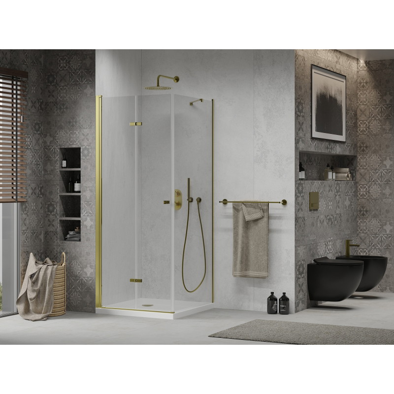 Mexen Lima Faltbare Duschkabine 90 x 90 cm, transparent, gold + Duschwanne Flat - 856-090-090-50-00-4010