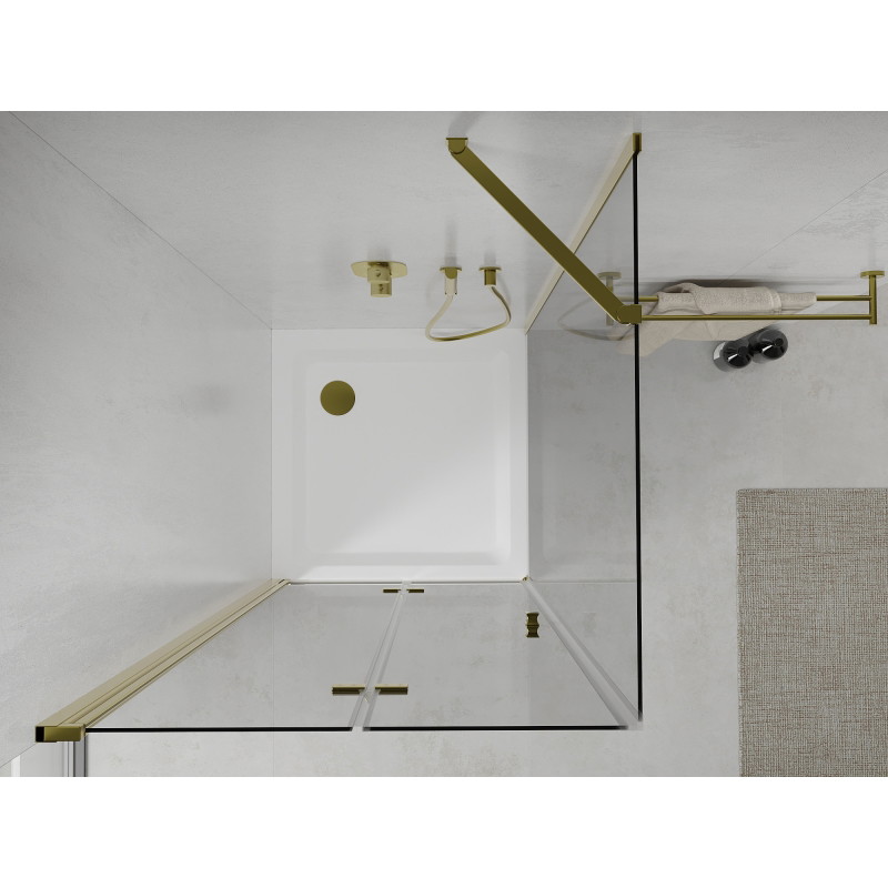 Mexen Lima Faltbare Duschkabine 90 x 90 cm, transparent, gold + Duschwanne Flat - 856-090-090-50-00-4010