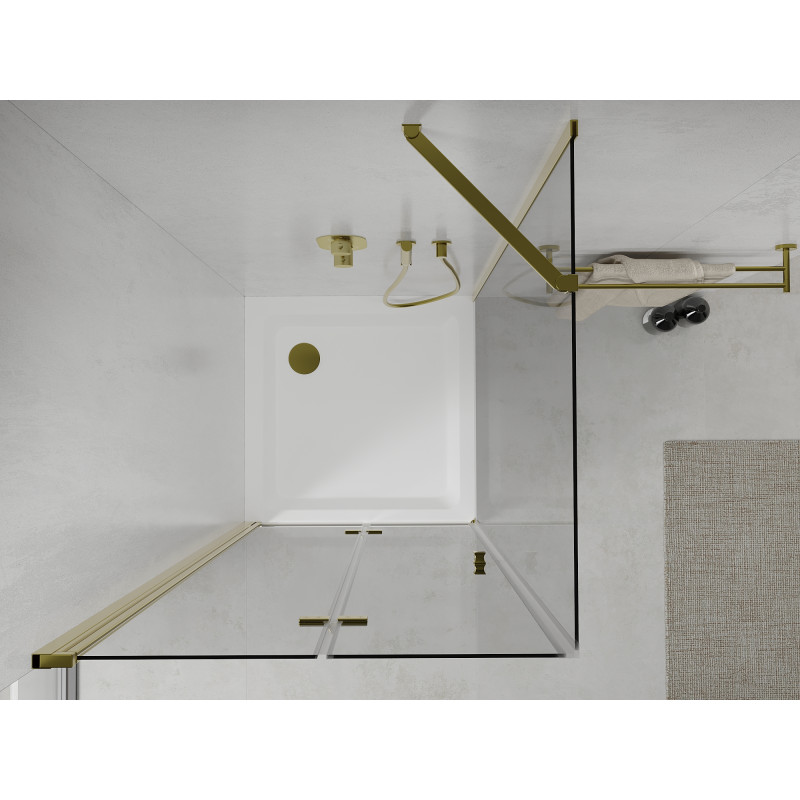 Mexen Lima zusammenklappbare Duschkabine 100 x 100 cm, transparent, gold + Flat Duschwanne - 856-100-100-50-00-4010