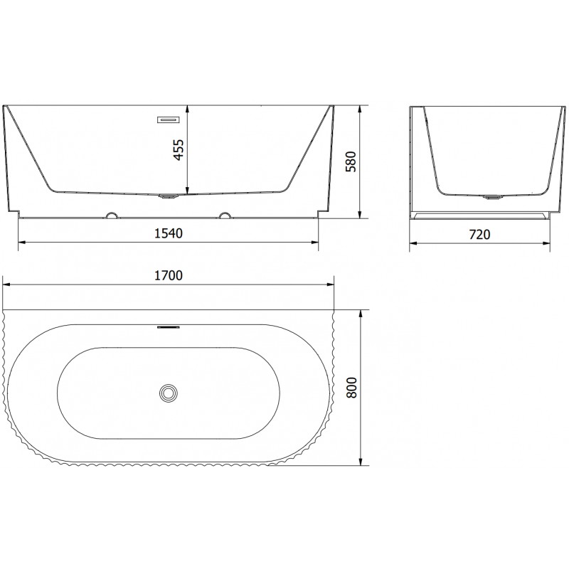 Mexen Sella freistehende Halbeinbau-Badewanne geriffelt 170 x 80 cm, weiß glänzend, Überlauf gun metal - 52711708000-95