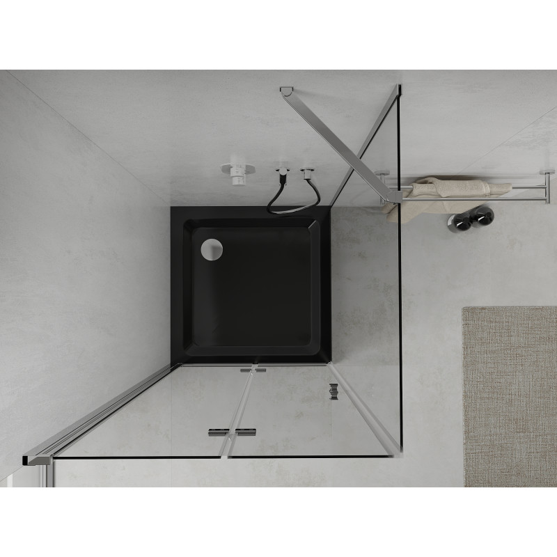 Mexen Lima faltbare Duschkabine 80 x 80 cm, transparent, Chrom + Duschwanne Flat, schwarz - 856-080-080-01-00-4070