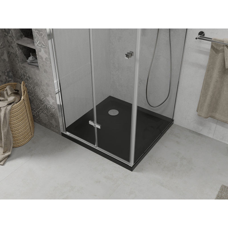 Mexen Lima faltbare Duschkabine 80 x 80 cm, transparent, Chrom + Duschwanne Flat, schwarz - 856-080-080-01-00-4070