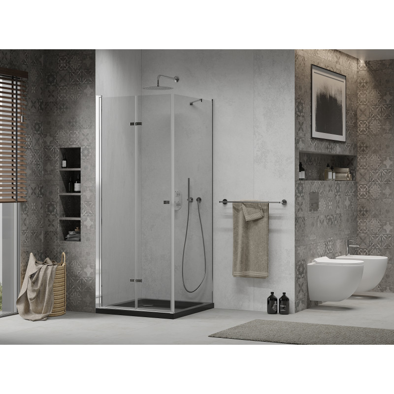 Mexen Lima faltbare Duschkabine 80 x 80 cm, transparent, Chrom + Duschwanne Flat, schwarz - 856-080-080-01-00-4070