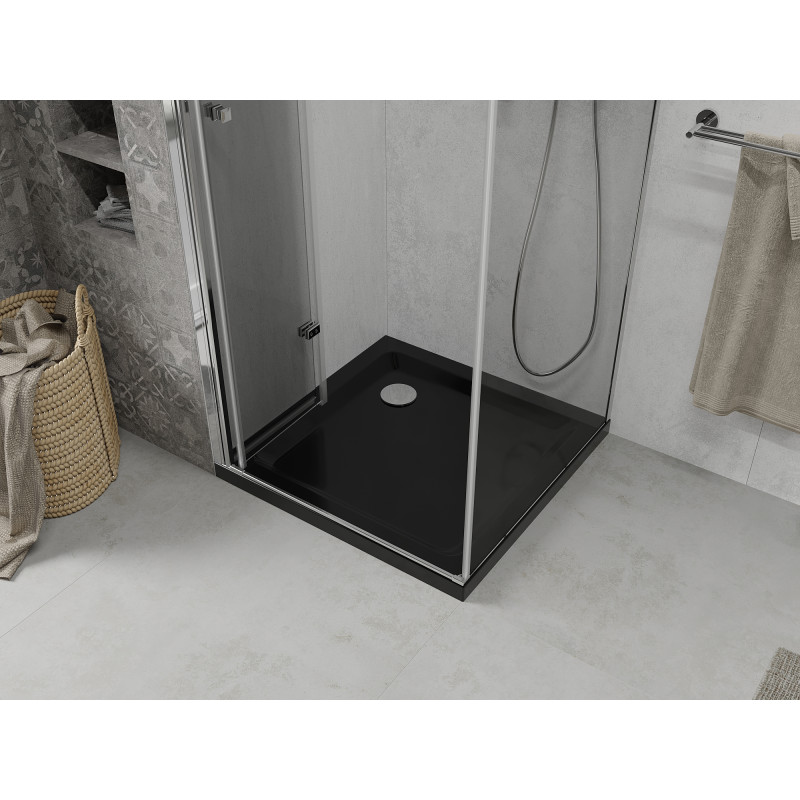 Mexen Lima faltbare Duschkabine 80 x 80 cm, transparent, Chrom + Duschwanne Flat, schwarz - 856-080-080-01-00-4070