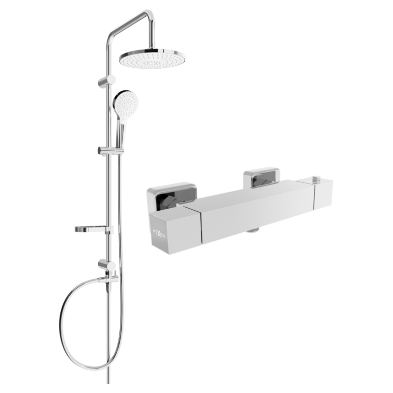 Mexen Cube Erik Aufputz-Duschset mit Regenduschkopf und thermostatischer Duscharmatur, Chrom - 77200205-00