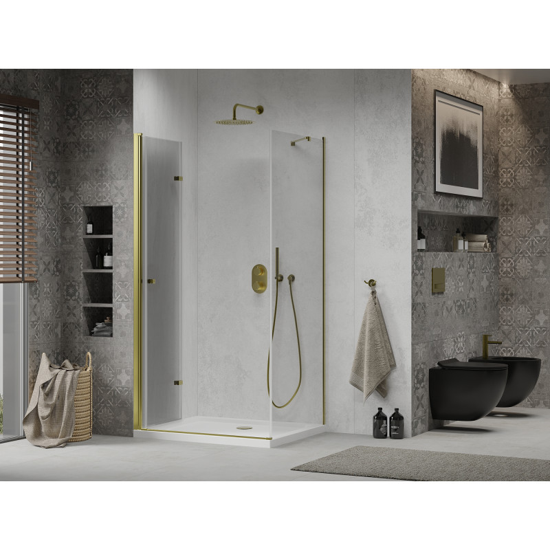 Mexen Lima Klappbare Duschkabine 100 x 90 cm, transparent, Gold + Flat Duschwanne - 856-100-090-50-00-4010