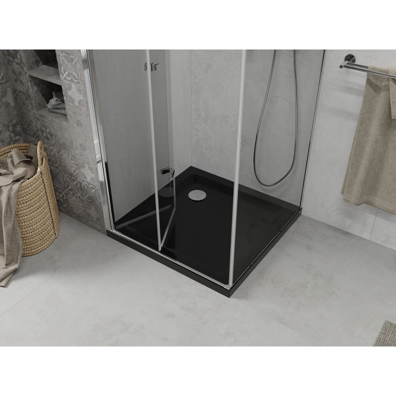 Mexen Lima faltbare Duschkabine 90 x 90 cm, transparent, Chrom + Duschwanne Flat, schwarz - 856-090-090-01-00-4070