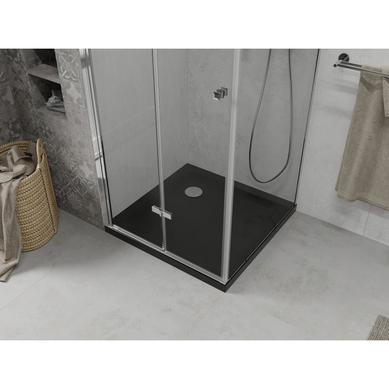 Mexen Lima faltbare Duschkabine 90 x 90 cm, transparent, Chrom + Duschwanne Flat, schwarz - 856-090-090-01-00-4070