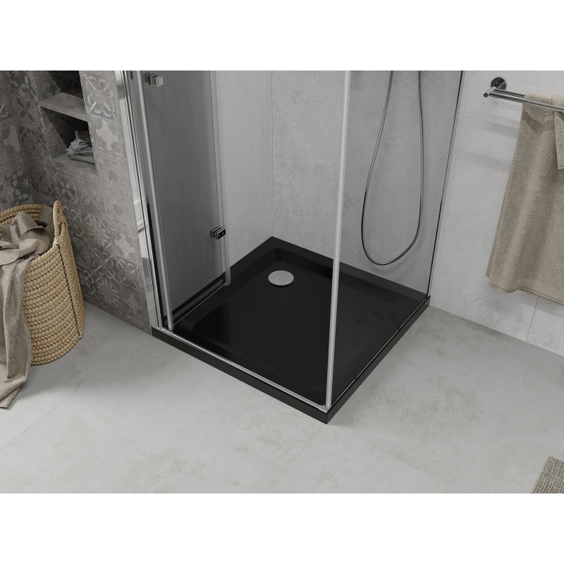 Mexen Lima faltbare Duschkabine 90 x 90 cm, transparent, Chrom + Duschwanne Flat, schwarz - 856-090-090-01-00-4070
