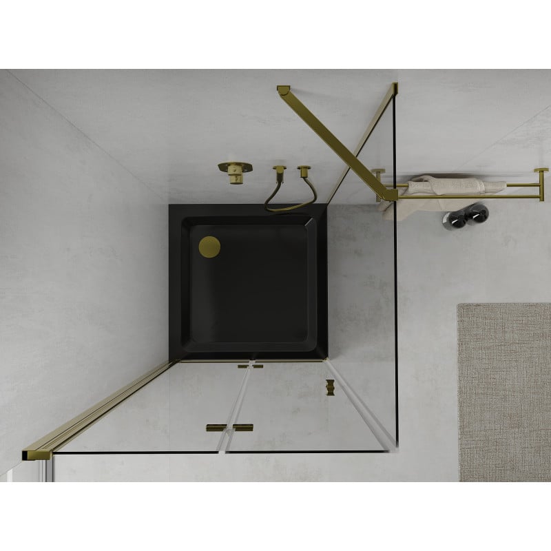Mexen Lima faltbare Duschkabine 80 x 80 cm, transparent, gold + flache Duschwanne, schwarz - 856-080-080-50-00-4070G