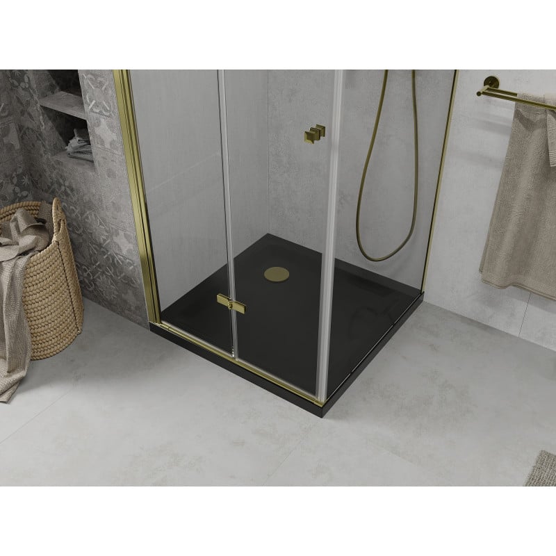 Mexen Lima faltbare Duschkabine 80 x 80 cm, transparent, gold + flache Duschwanne, schwarz - 856-080-080-50-00-4070G
