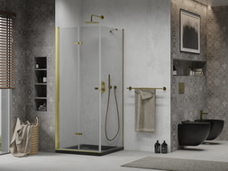 Mexen Lima faltbare Duschkabine 80 x 80 cm, transparent, gold + flache Duschwanne, schwarz - 856-080-080-50-00-4070G