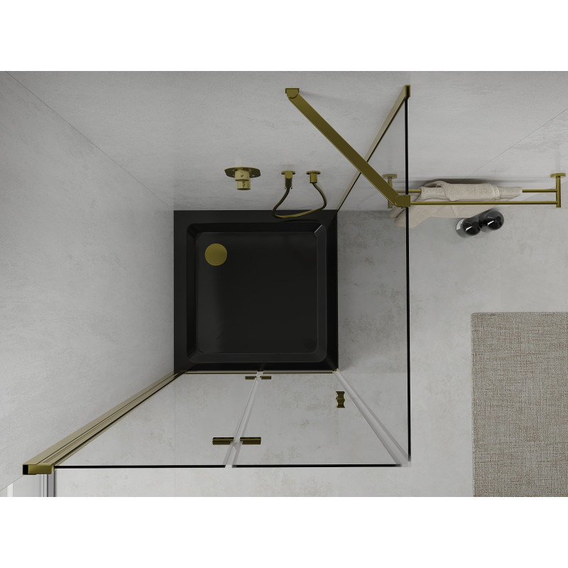 Mexen Lima faltbare Duschkabine 90 x 90 cm, transparent, gold + Duschwanne Flat, schwarz - 856-090-090-50-00-4070G