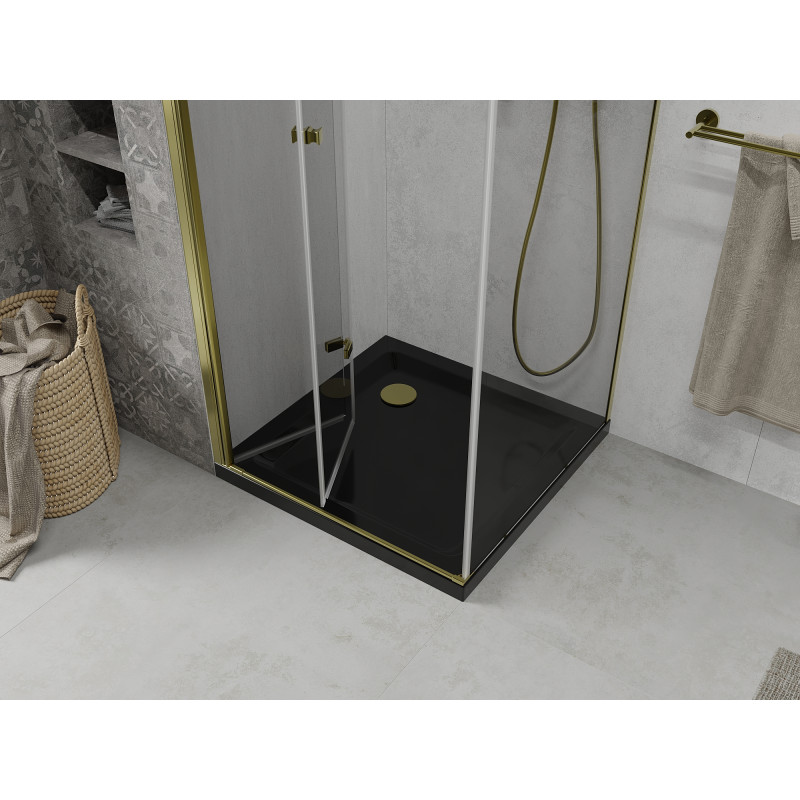 Mexen Lima faltbare Duschkabine 90 x 90 cm, transparent, gold + Duschwanne Flat, schwarz - 856-090-090-50-00-4070G