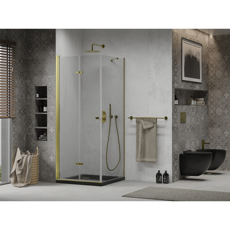 Mexen Lima faltbare Duschkabine 90 x 90 cm, transparent, gold + Duschwanne Flat, schwarz - 856-090-090-50-00-4070G