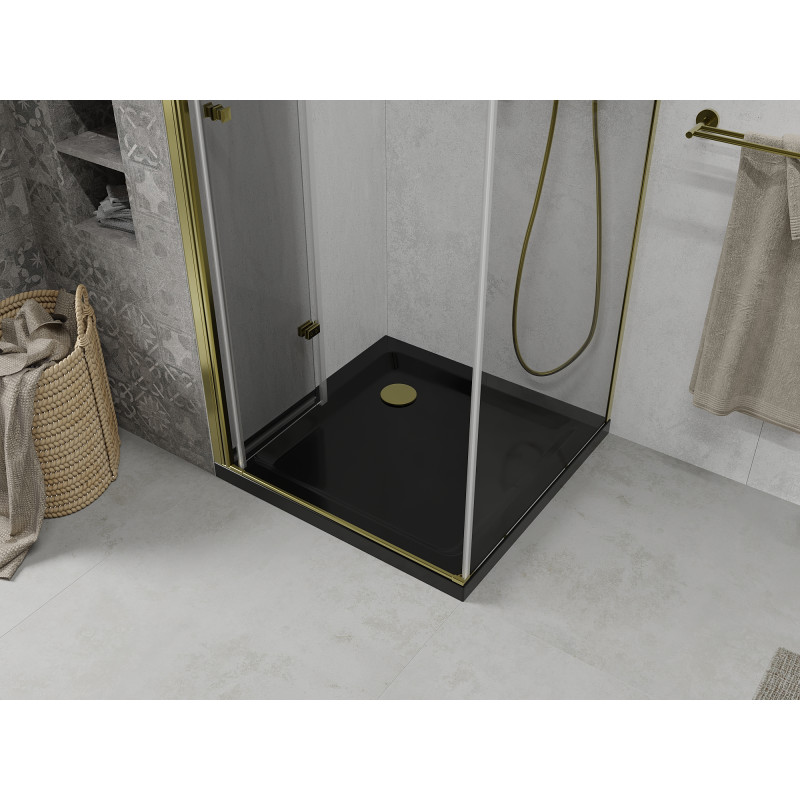 Mexen Lima faltbare Duschkabine 90 x 90 cm, transparent, gold + Duschwanne Flat, schwarz - 856-090-090-50-00-4070G