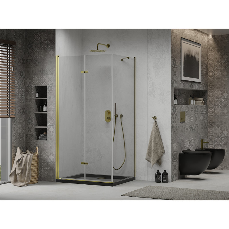 Mexen Lima faltbare Duschkabine 90 x 100 cm, transparent, gold + Flat Duschwanne, schwarz - 856-090-100-50-00-4070G