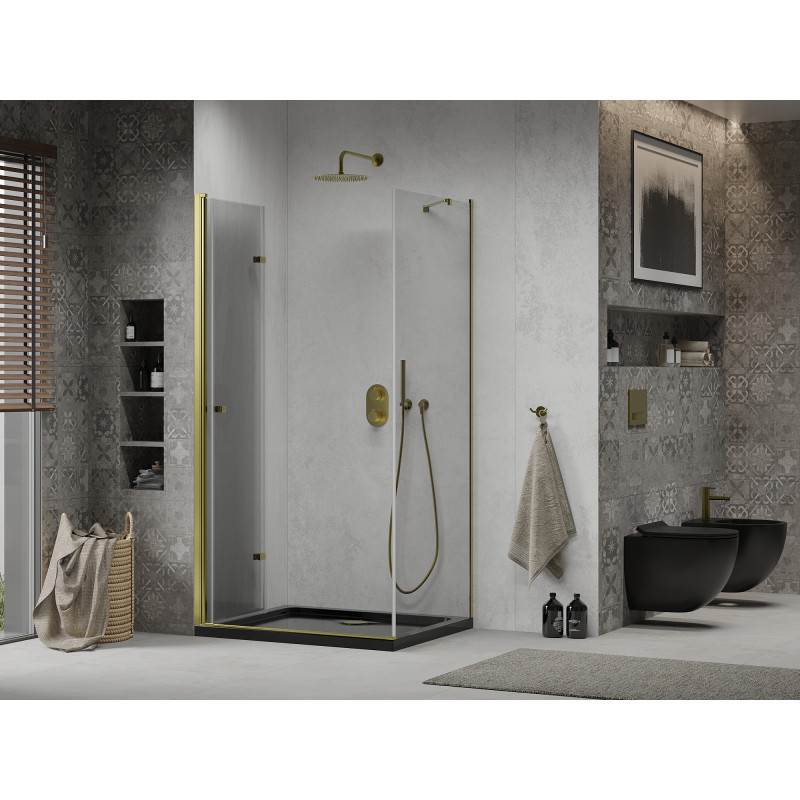 Mexen Lima faltbare Duschkabine 90 x 100 cm, transparent, gold + Flat Duschwanne, schwarz - 856-090-100-50-00-4070G