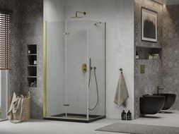 Mexen Lima faltbare Duschkabine 100 x 80 cm, transparent, gold + Duschwanne Flat, schwarz - 856-100-080-50-00-4070G