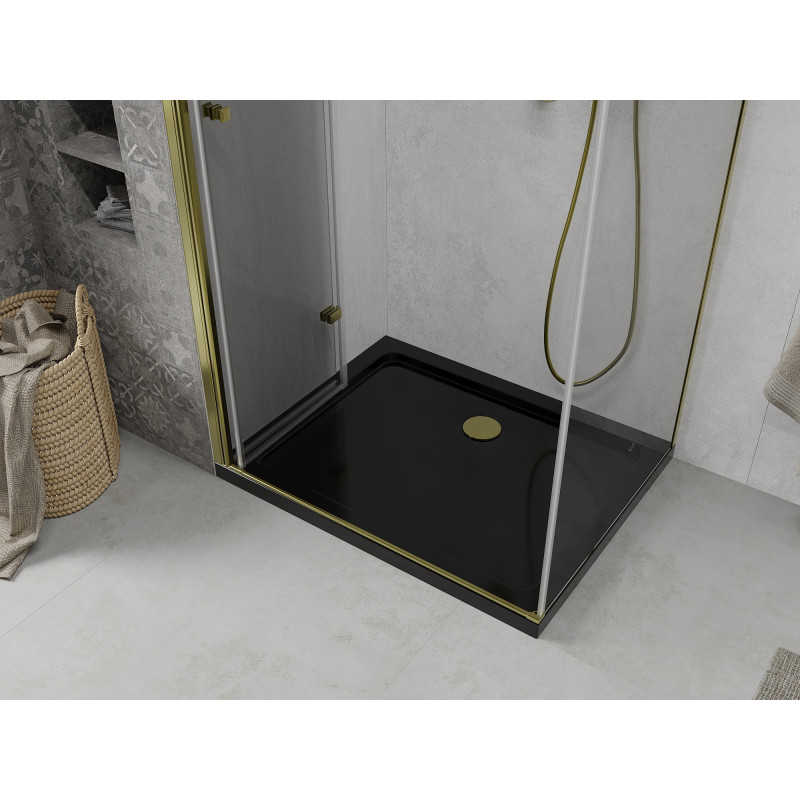 Mexen Lima faltbare Duschkabine 100 x 80 cm, transparent, gold + Duschwanne Flat, schwarz - 856-100-080-50-00-4070G
