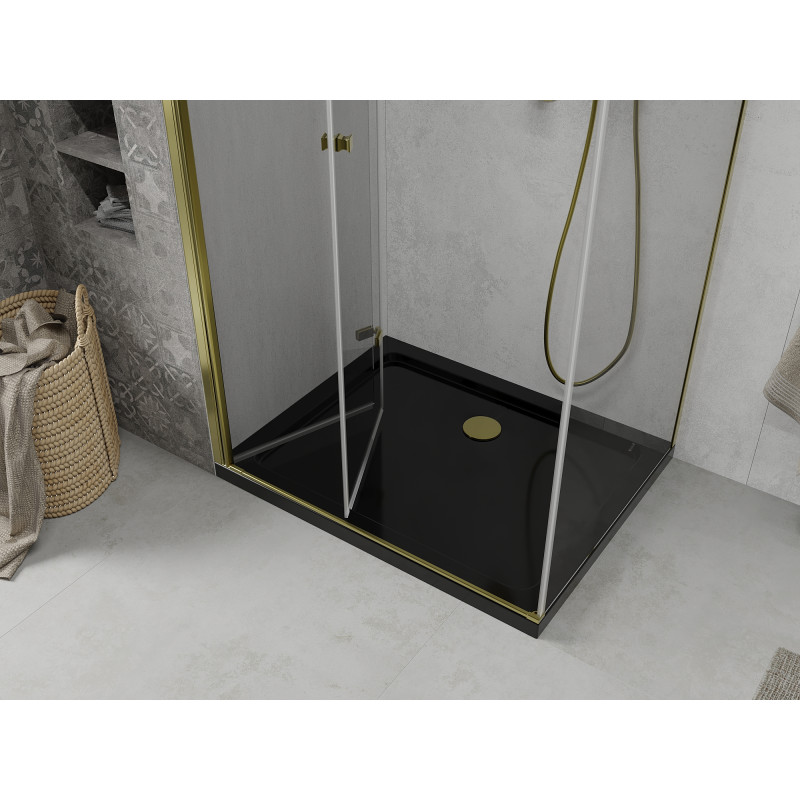 Mexen Lima faltbare Duschkabine 100 x 90 cm, transparent, Gold + Flat Duschwanne, schwarz - 856-100-090-50-00-4070G
