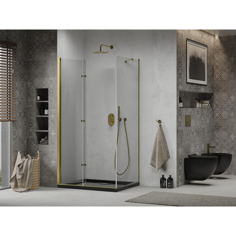 Mexen Lima faltbare Duschkabine 100 x 90 cm, transparent, Gold + Flat Duschwanne, schwarz - 856-100-090-50-00-4070G