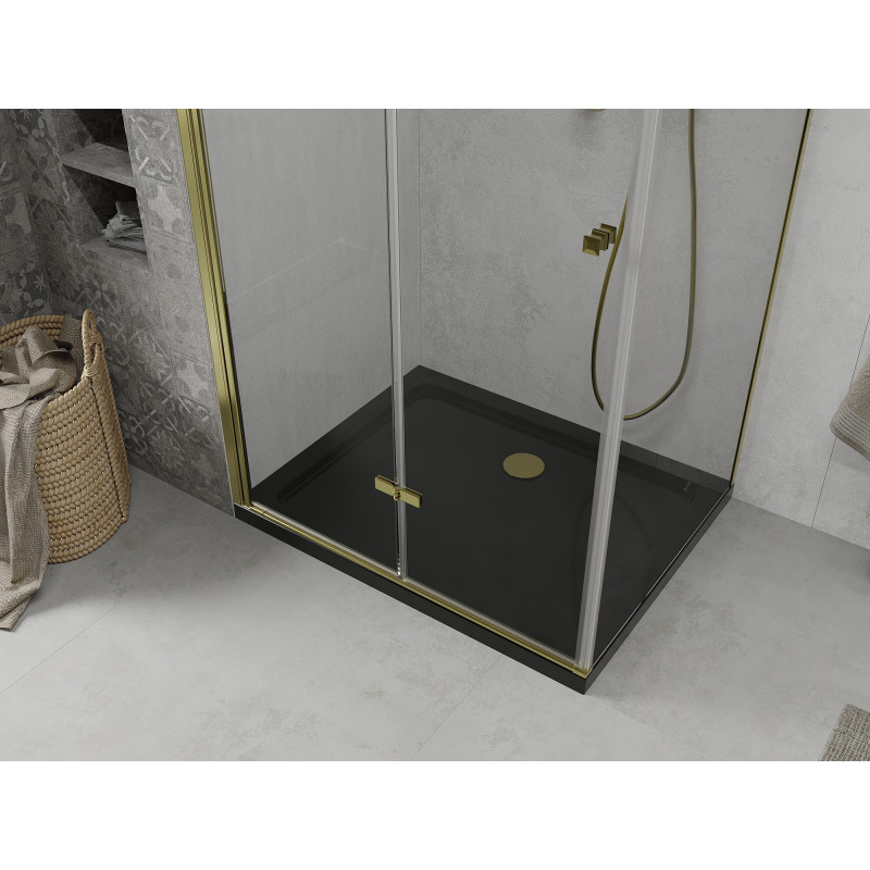 Mexen Lima faltbare Duschkabine 100 x 90 cm, transparent, Gold + Flat Duschwanne, schwarz - 856-100-090-50-00-4070G