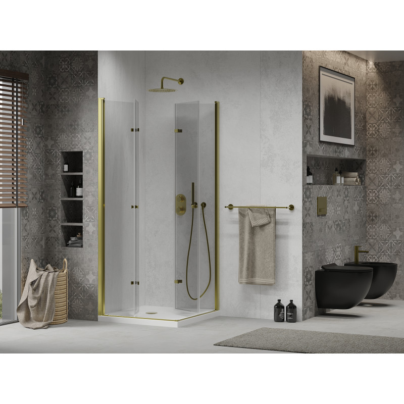 Mexen Lima Duo Duschkabine faltbar 70 x 70 cm, transparent, gold + Flat Duschwanne - 856-070-070-50-02-4010G